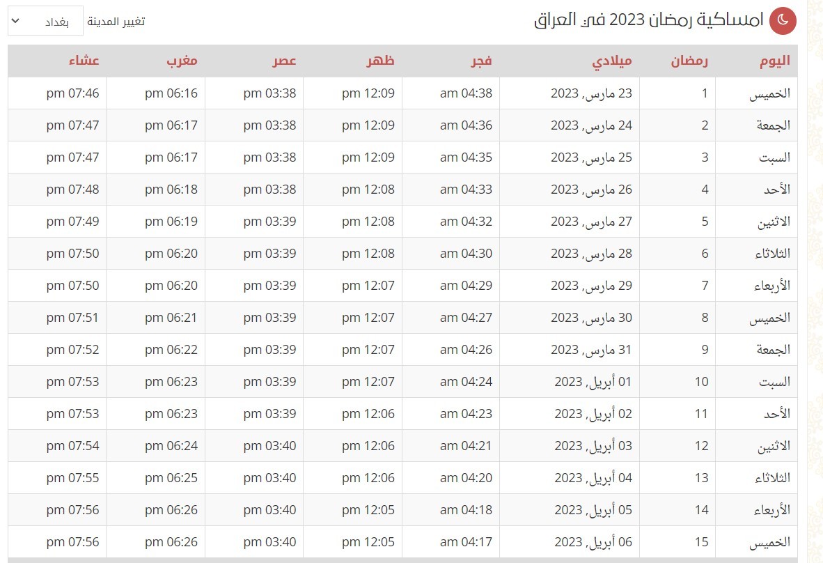  مواقيت الامساك والافطار فى العراق